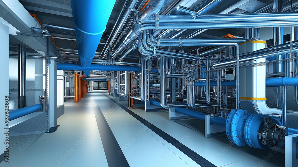 Fototapeta premium Equipment, cables and steel pipes and equipment as found in modern industrial power plants