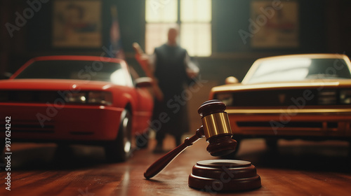 Close-up of model car on hammer Concept of car law, insurance, car tax, auction and bidding Small toy car models colliding with judge's hammer on court table photo