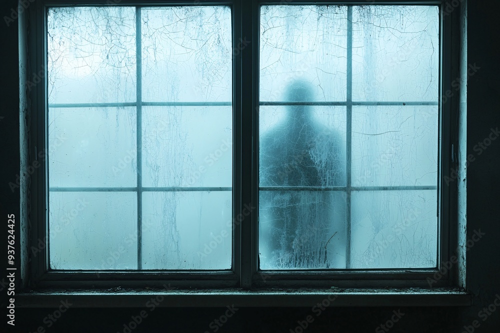 A cracked, aged window with a shadowy figure standing just outside, illuminated by a faint moonlight. The vintage horror vibe is accentuated by the weathered textures, with ample copy space for text. A cracked, aged window with a shadowy figure standing just outside, illuminated by a faint moonlight. The vintage horror vibe is accentuated by the weathered textures, with ample copy space for text.