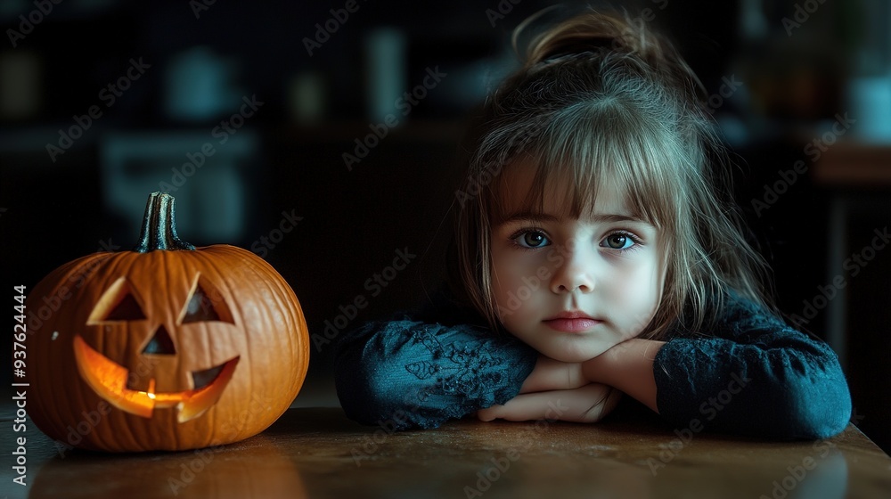 little girl at home in the kitchen at the table with a pumpkin for halloween. copy space for text. little girl at home in the kitchen at the table with a pumpkin for halloween. copy space for text.
