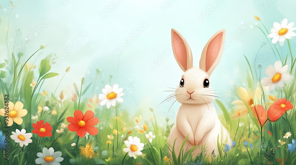A blank notepad set amidst a playful spring landscape with cartoonish bunnies and blooming flowers, bright colors and a joyful feel A blank notepad set amidst a playful spring landscape with cartoonish bunnies and blooming flowers, bright colors and a joyful feel