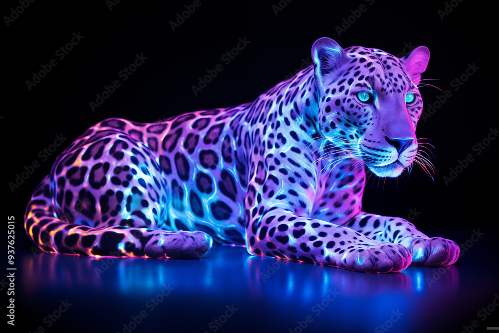 Fototapeta premium Leopard relaxing with glowing neon fur in dark background