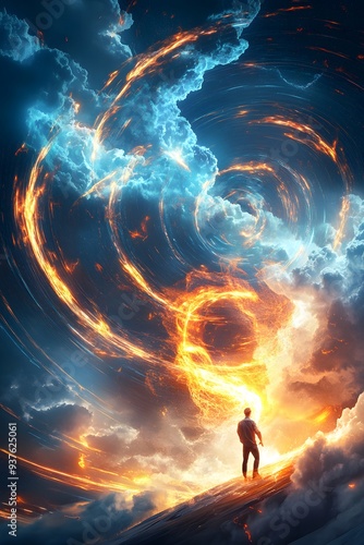 Wallpaper Mural Man Standing Before a Fiery Vortex in the Sky. Torontodigital.ca