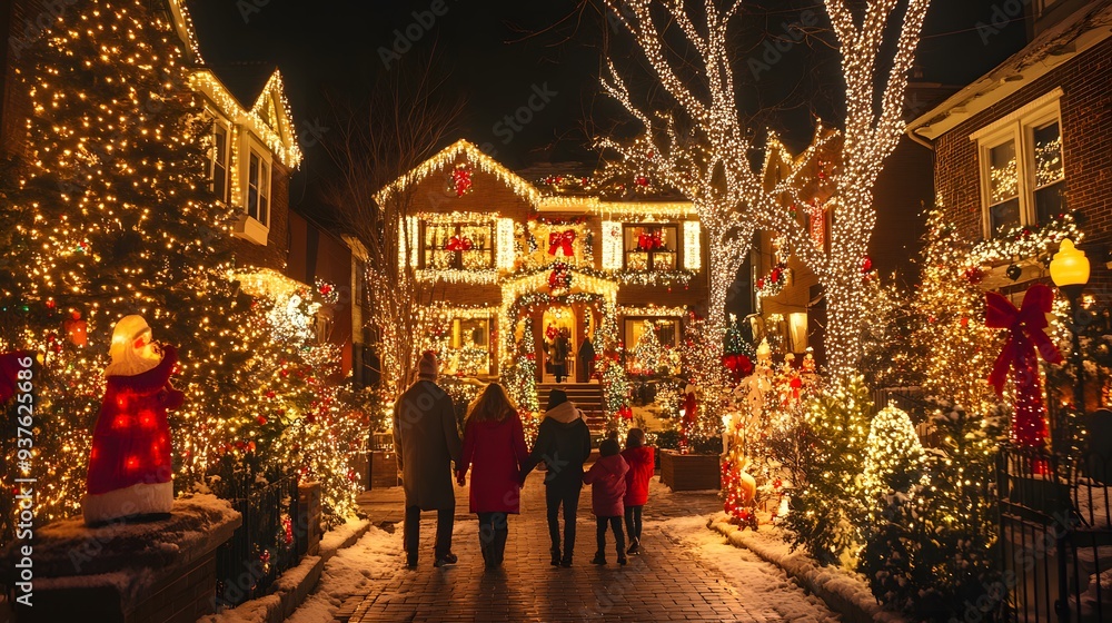 A family bundled up in warm clothes, walking through a neighborhood with houses elaborately decorated with Christmas lights and festive displays A family bundled up in warm clothes, walking through a neighborhood with houses elaborately decorated with Christmas lights and festive displays