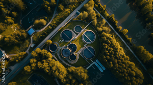 From high angle over sky. Wastewater treatment plant or wastewater treatment. Purification. Chemicals and microorganisms are removed from water and water is returned to nature.