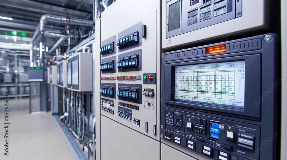 Close-up of production line control box, controlling equipment and displaying status of circuit breakers, disconnect switches, ground switches, alarm and protection relays Close-up of production line control box, controlling equipment and displaying status of circuit breakers, disconnect switches, ground switches, alarm and protection relays