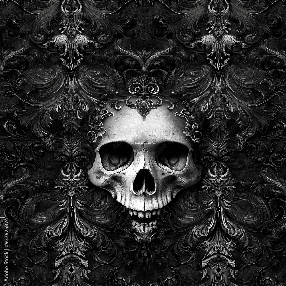 Ornate black and silver seamless pattern with a gothic skull motif. The intricate and dark design features baroque elements, perfect for creating a dramatic and mysterious ambiance. Ornate black and silver seamless pattern with a gothic skull motif. The intricate and dark design features baroque elements, perfect for creating a dramatic and mysterious ambiance.