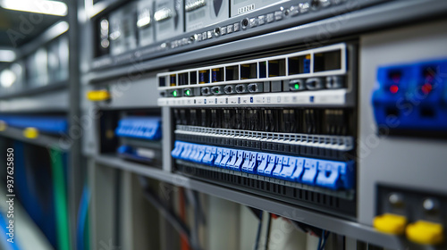 Close-up of production line control box, controlling equipment and displaying status of circuit breakers, disconnect switches, ground switches, alarm and protection relays photo