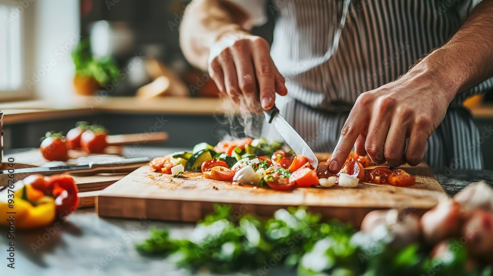 A close-up of a person preparing a gourmet meal in a modern kitchen. Hands chop fresh vegetables, season a dish, and carefully plate food A close-up of a person preparing a gourmet meal in a modern kitchen. Hands chop fresh vegetables, season a dish, and carefully plate food