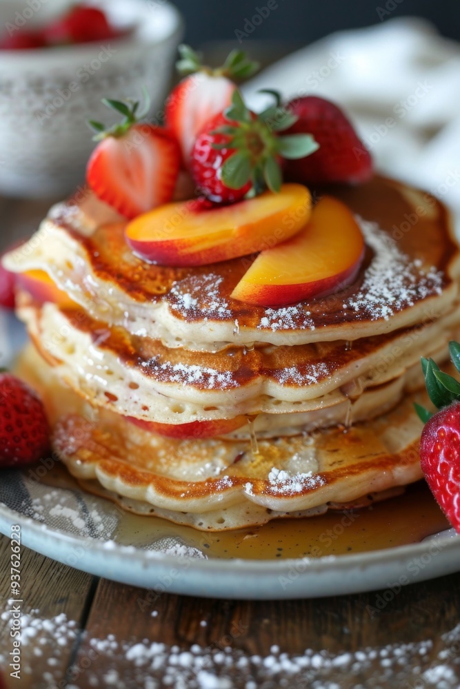 Fotografie Fluffy Pancake Stack with Fresh Strawberries and Sliced Peach