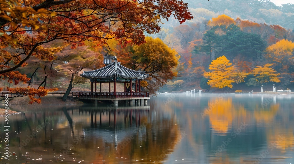 Fototapeta premium Autumnal Serenity: A Gazebo on a Misty Lake