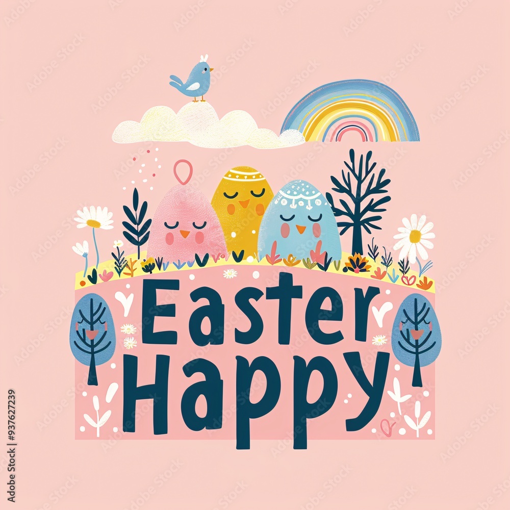 Fototapeta premium 4. Colorful Easter greeting, bold geometric shapes, stylized flowers, trees, Easter eggs, rainbow, bell, cute bird to the left of the eggs,