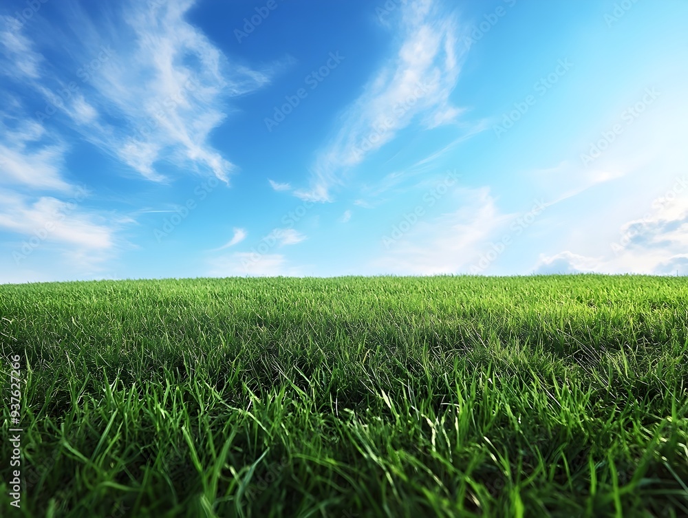Boundless Expanse of Lush Green Meadow under Radiant Blue Sky with Fluffy Clouds Boundless Expanse of Lush Green Meadow under Radiant Blue Sky with Fluffy Clouds