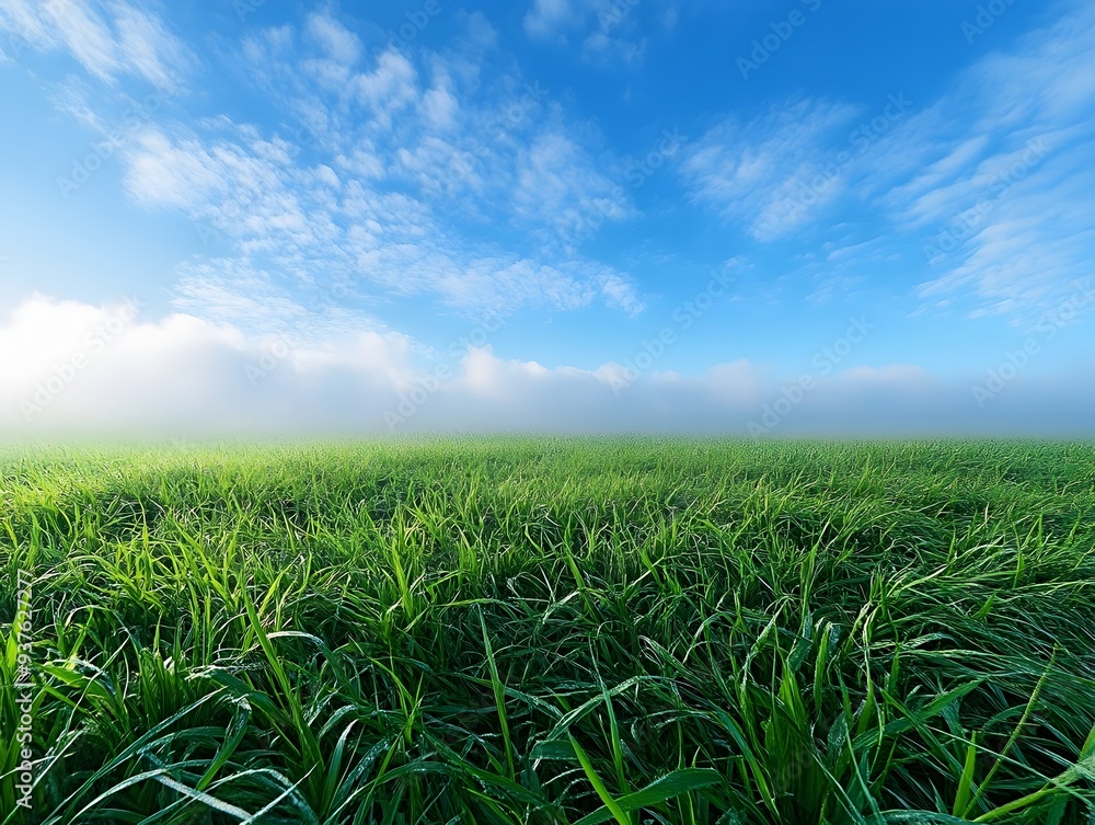 Fototapeta premium Peaceful Green Meadow Under Vast Blue Sky with Fluffy Clouds