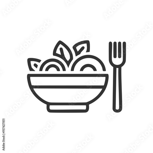 Fork and bowl of pasta icon. Simple black line icon of a bowl of pasta with a fork. Perfect for food, cooking, and dining related projects.