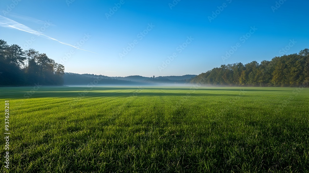 Early Morning Serene Landscape with Green Grass Field and Clear Blue Sky Early Morning Serene Landscape with Green Grass Field and Clear Blue Sky