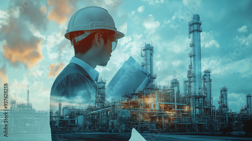 Double Exposure of Engineer with Hard Hat and Blueprint with Industrial Factory Background of Oil Refinery. Industrial Tools Concept in Factory. Industry 4.0 photo