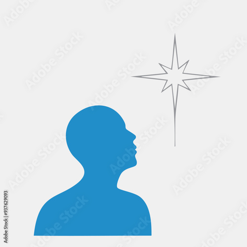 Person gazing at guiding star. Simple illustration of a person looking upwards towards a shining star, representing hope, inspiration, and direction.