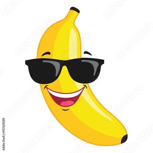 Cool smiling banana wearing sunglasses. A joyful banana with a big grin and stylish sunglasses, perfect for adding a touch of humor to your designs.