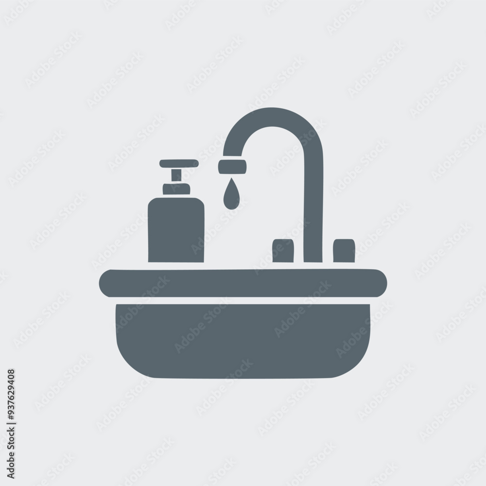 Bathroom sink icon with faucet and soap dispenser. Simple icon of a bathroom sink with a faucet, soap dispenser, and drain. Ideal for plumbing and sanitation related designs. Bathroom sink icon with faucet and soap dispenser. Simple icon of a bathroom sink with a faucet, soap dispenser, and drain. Ideal for plumbing and sanitation related designs.