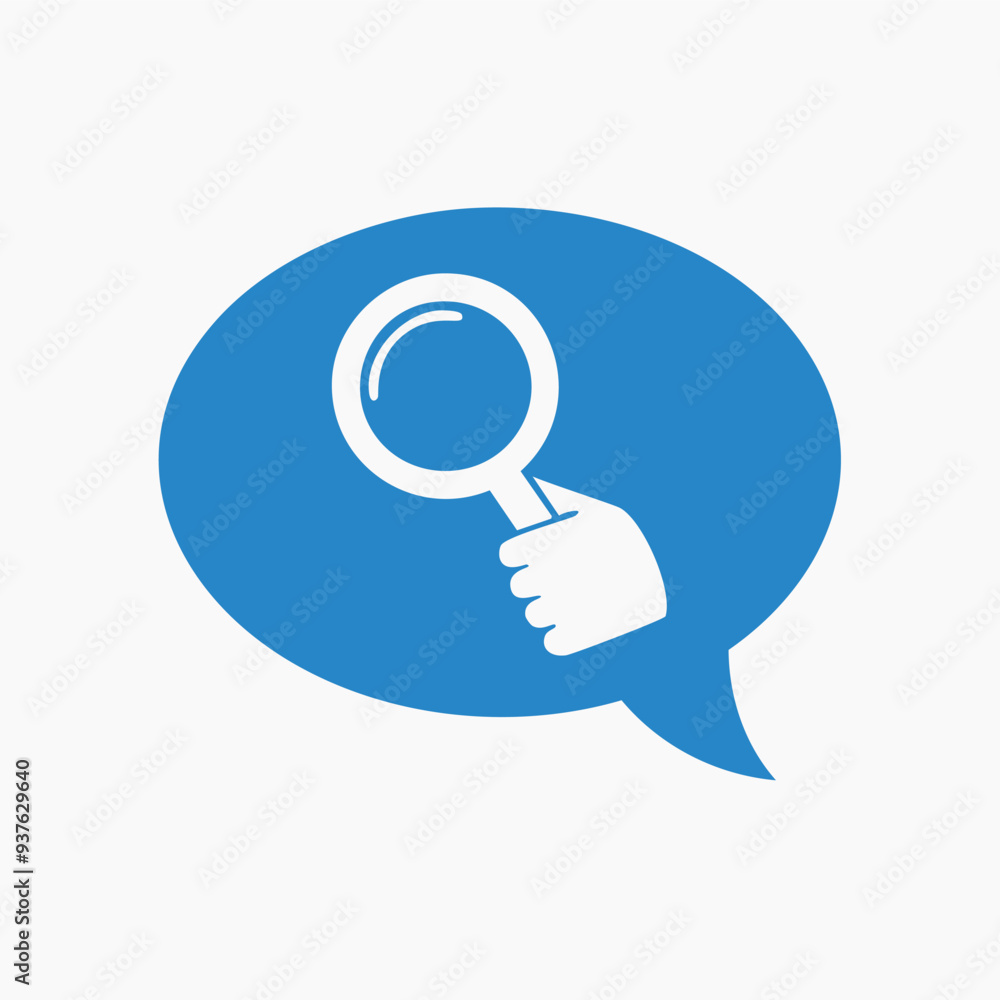 Magnifying glass inside speech bubble icon. White magnifying glass held by a hand inside a blue speech bubble. This simple icon represents search, exploration, and discovery. Magnifying glass inside speech bubble icon. White magnifying glass held by a hand inside a blue speech bubble. This simple icon represents search, exploration, and discovery.