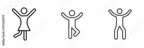 Happy people line icons set. Set of three line icons depicting happy individuals with raised arms.  Perfect for use in web design, app development, or presentations.