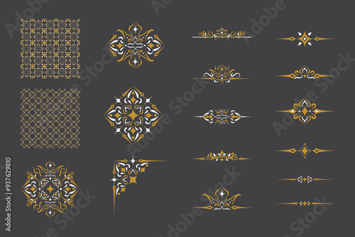 Set Of Golden Vintage ornament with border, frame, crown, ornate,  background, pattern, mandala and luxury elements, suitable for vintage design or wedding invitation card, banner and label