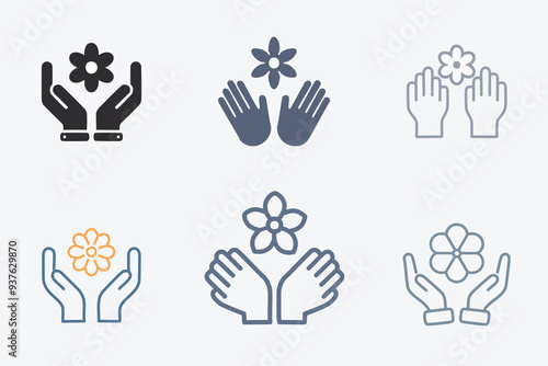 Hands protecting a flower icon set. Colorful vector icon set of hands protecting a blooming flower, representing care, growth, and nature. Perfect for eco-friendly designs.