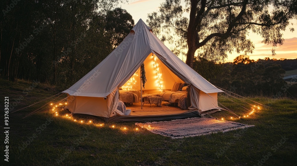Cozy Glamping Tent with Fairy Lights at Dusk Cozy Glamping Tent with Fairy Lights at Dusk