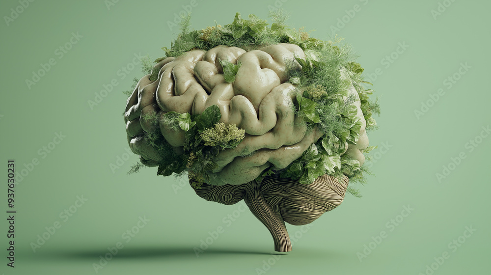 3d rendering of human brain covered with green forest, concept of sustainability, our mind matters, raw natural intelligent brain or imperfect, isolated on green background 3d rendering of human brain covered with green forest, concept of sustainability, our mind matters, raw natural intelligent brain or imperfect, isolated on green background