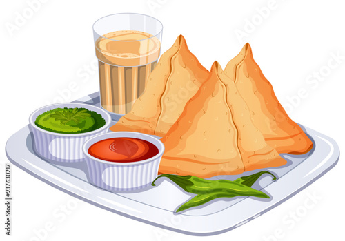 Samosas with Chai and Chutneys on a Metal Tray - Indian Street Food Art 