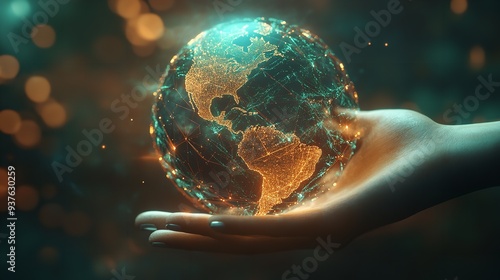 Businessman holding hologram globe. Global business network. smart business. photo