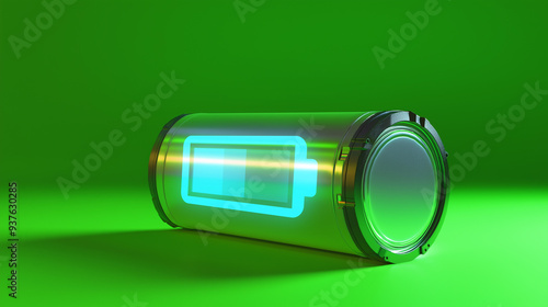 3D rendering. Close-up of depleted AA battery. Used alkaline battery. Hazardous waste concept. Green neon light. Green energy. Electric battery. photo