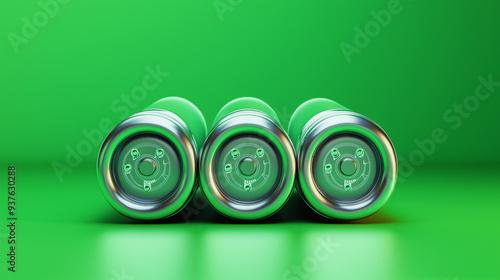 3D rendering. Close-up of depleted AA battery. Used alkaline battery. Hazardous waste concept. Green neon light. Green energy. Electric battery. photo