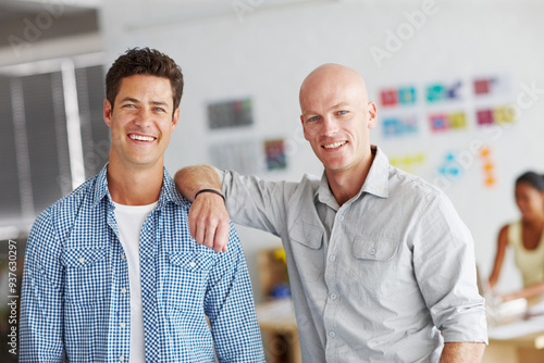 Creative, portrait and men in office together with smile, support or collaboration at professional startup. Teamwork, trust and business people with confidence in partnership at graphic design agency