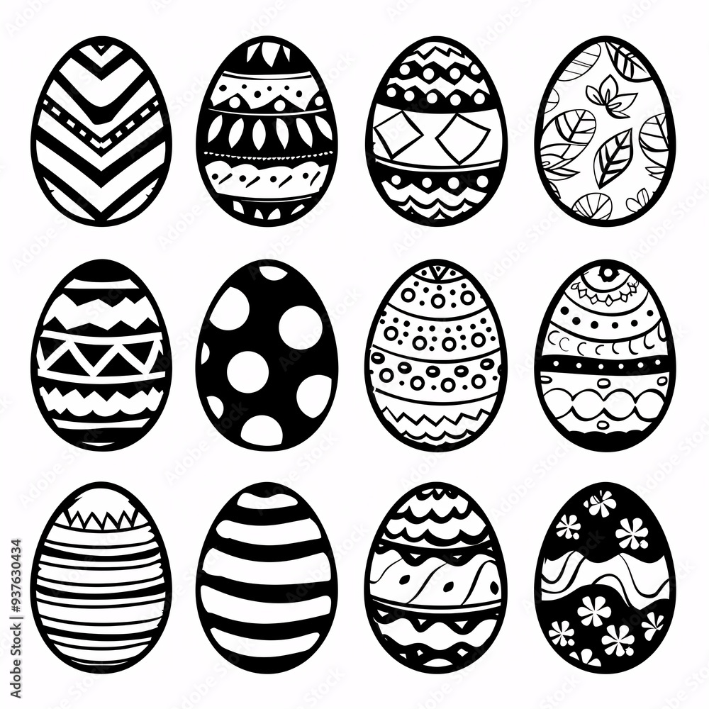 3. Collection of twelve Easter eggs with diverse patterns, hand-drawn in black and white, patterns include zig-zags, dots, flowers, leaves, waves, stripes, white background, line art illustration, 3. Collection of twelve Easter eggs with diverse patterns, hand-drawn in black and white, patterns include zig-zags, dots, flowers, leaves, waves, stripes, white background, line art illustration,