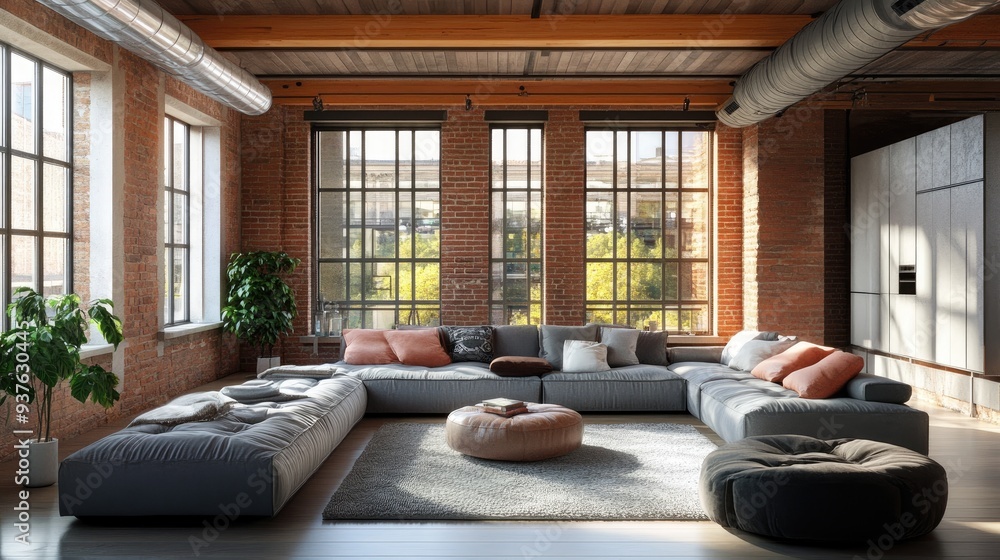A chic loft living room with modern furniture, exposed beams, and large windows, blending industrial and contemporary styles. A chic loft living room with modern furniture, exposed beams, and large windows, blending industrial and contemporary styles.