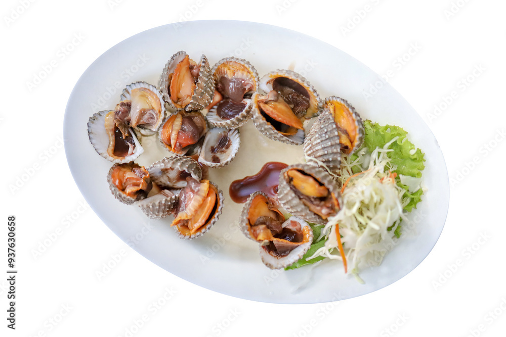 Top view of Fresh cockles, boiled, focus selective