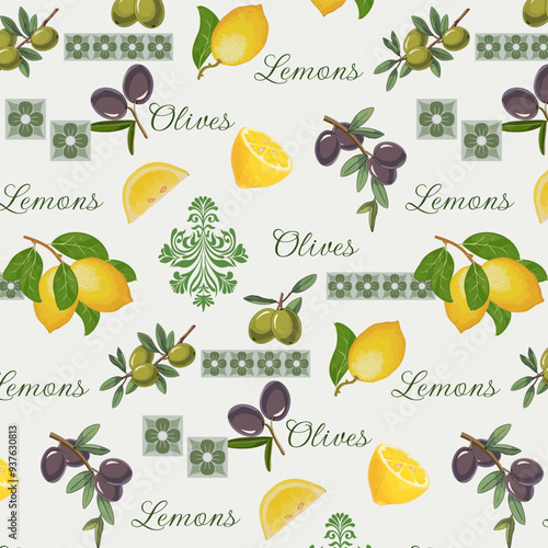 Decorative pattern with olives and lemons.Vector seamless pattern with lemons, olive branches and text on a light background.
