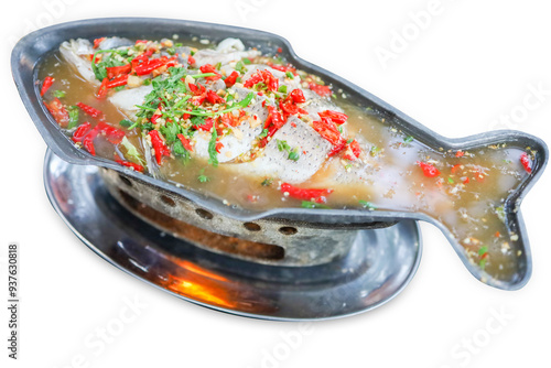 Top view of Steamed sea bass with lemon, focus selective photo