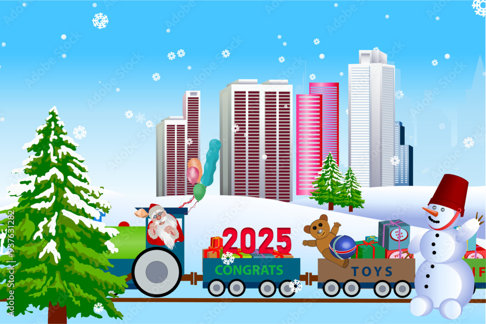 Fototapeta premium 2025, background, bells, card, cartoon, celebration, children, christmas, claus, congrats, december, decoration, decorative, design, fir, gift, gifts box, greeting, happy, holiday, illustration, kids,