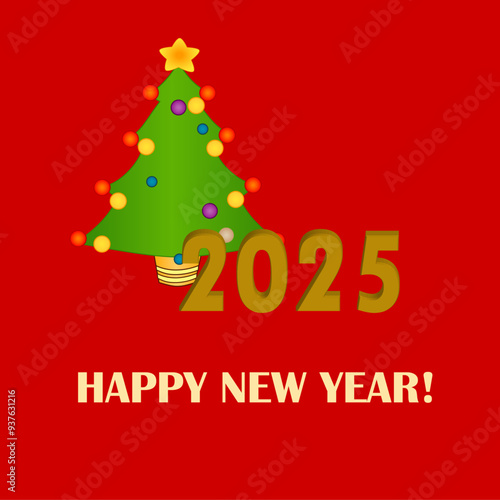 Vector banner with happy New year 2025. Isolated on red background.