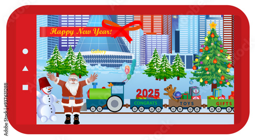 View through mobile device to main city street with Santa Claus train full of gifts for children. Vector illustration.