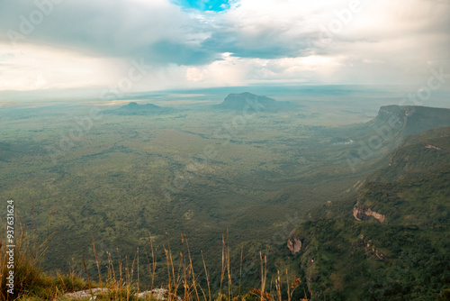 A panoramic view of Karamoja's mountain landscapes with Mount Kadam at the background seen from Mount Napak, Uganda 
 photo