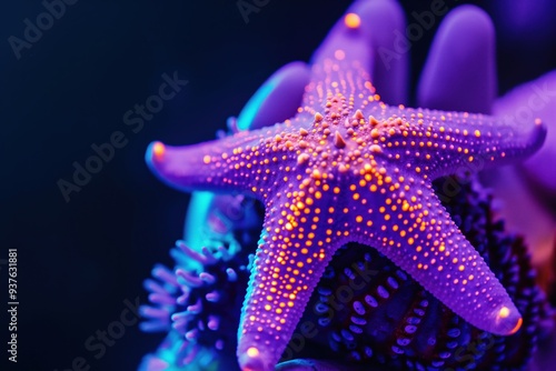 Bright purple starfish resting on coral reef