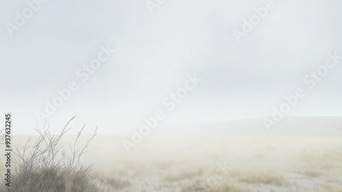 Foggy field with dry bushes, ideal for atmospheric and muted backgrounds.