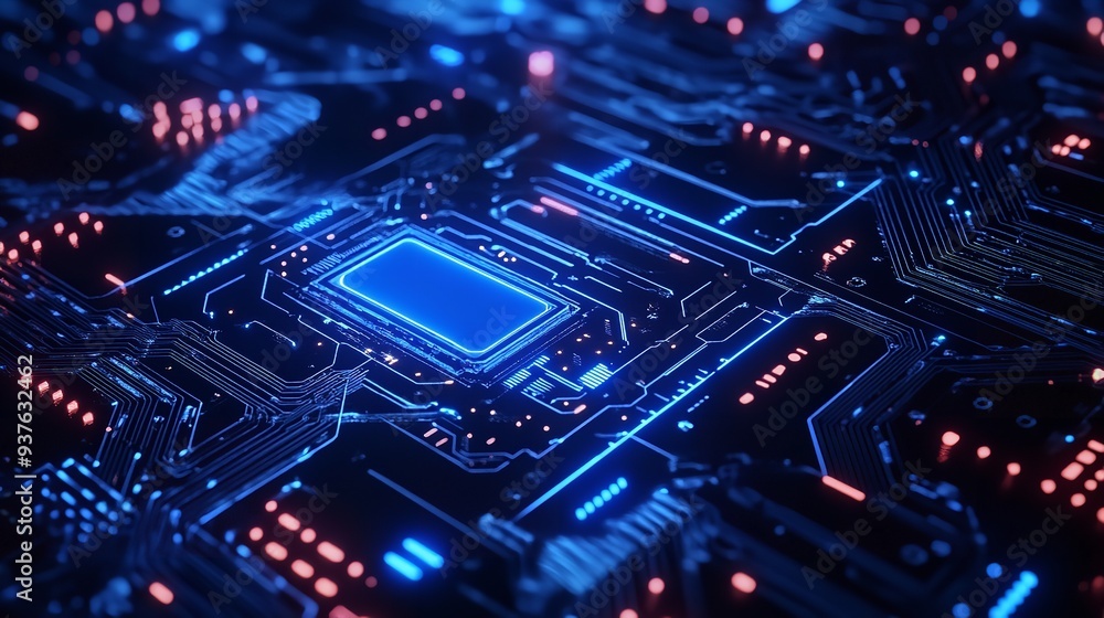 Futuristic processor circuit board. Modern neon blue connecting line background. Futuristic processor circuit board. Modern neon blue connecting line background.