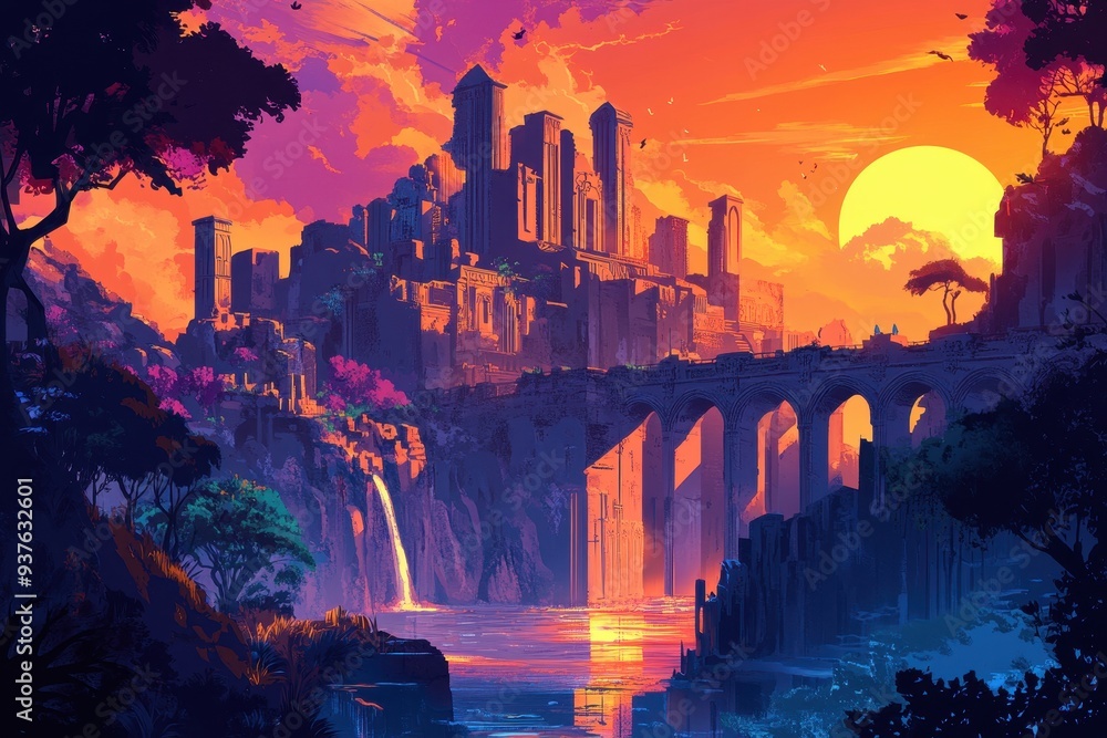Fototapeta premium A Sunset View of an Ancient City with a Waterfall and a Bridge