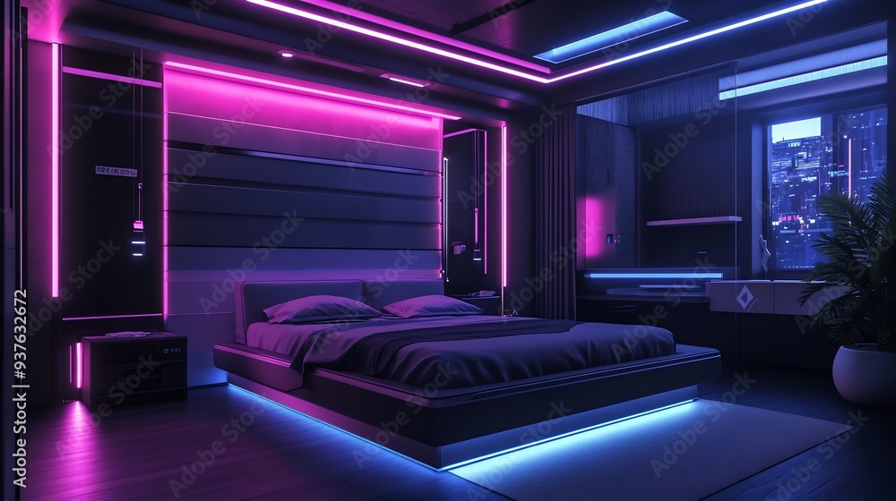 Modern Bedroom Interior with Neon Lights and City View Modern Bedroom Interior with Neon Lights and City View