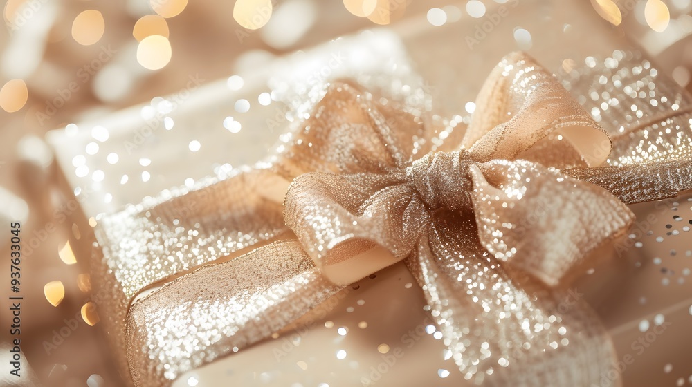 Macro shot of glittery ribbon and bow adorning a mesmerizing gift box AI generated illustration Macro shot of glittery ribbon and bow adorning a mesmerizing gift box AI generated illustration